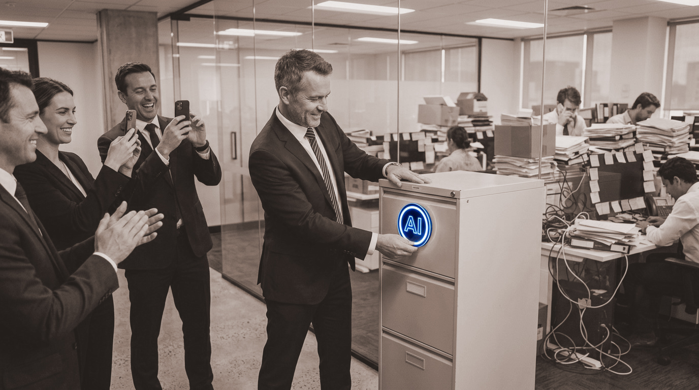 Businessmen watch their colleague adding an AI logo to a file cabinet.