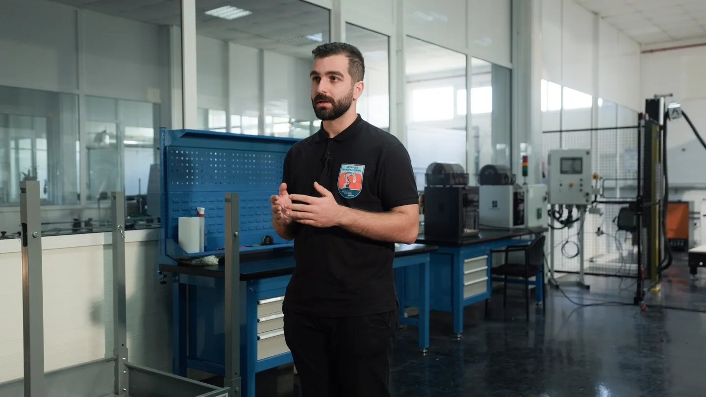 Engineer interviewed in the OHB Hellas manufacturing lab, final color grade