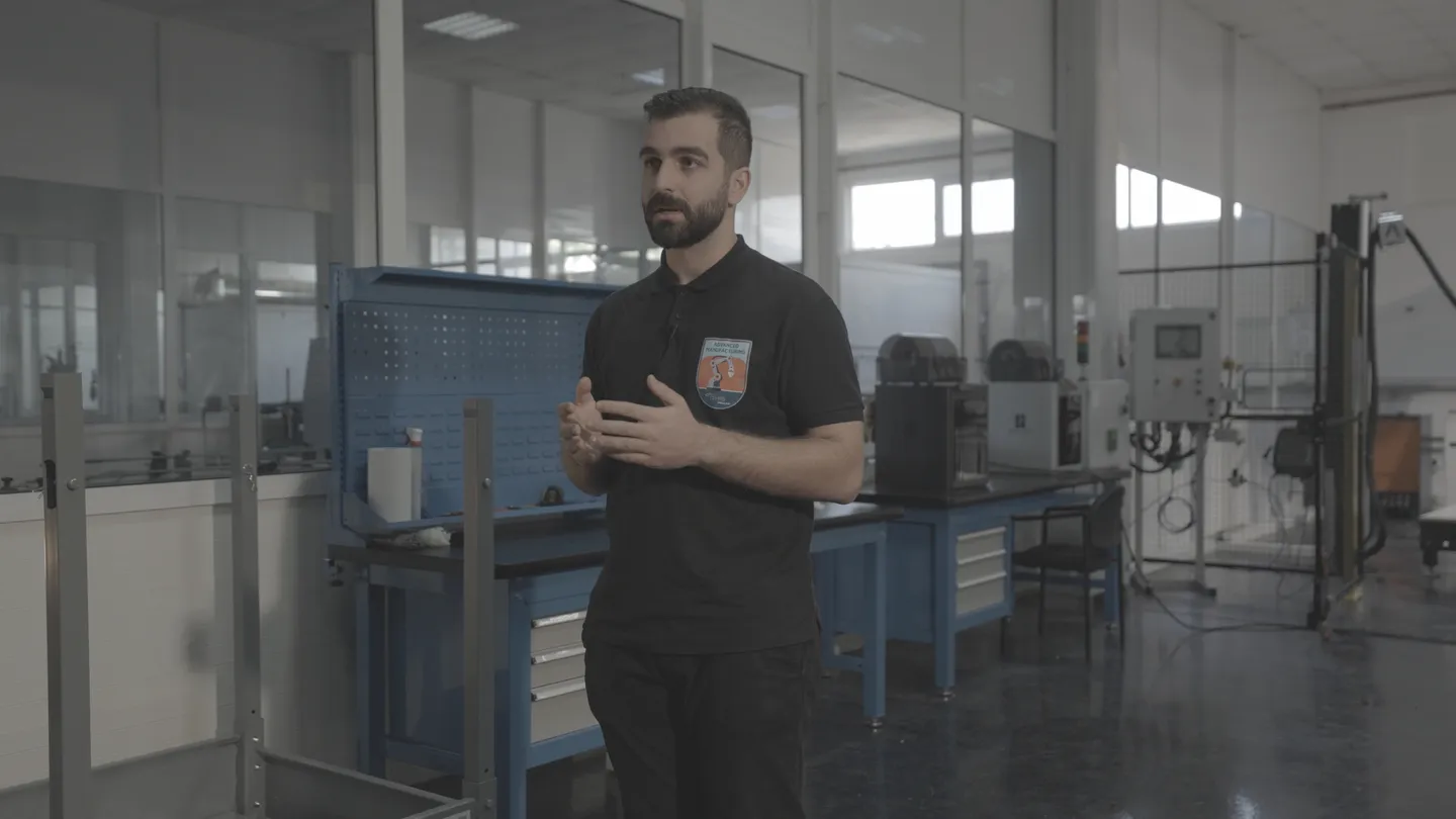 Engineer interviewed in the OHB Hellas manufacturing lab, ungraded LOG footage