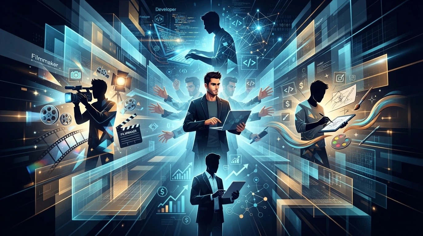 One person switching between five professional roles with AI: filmmaker, developer, product manager, marketer and designer