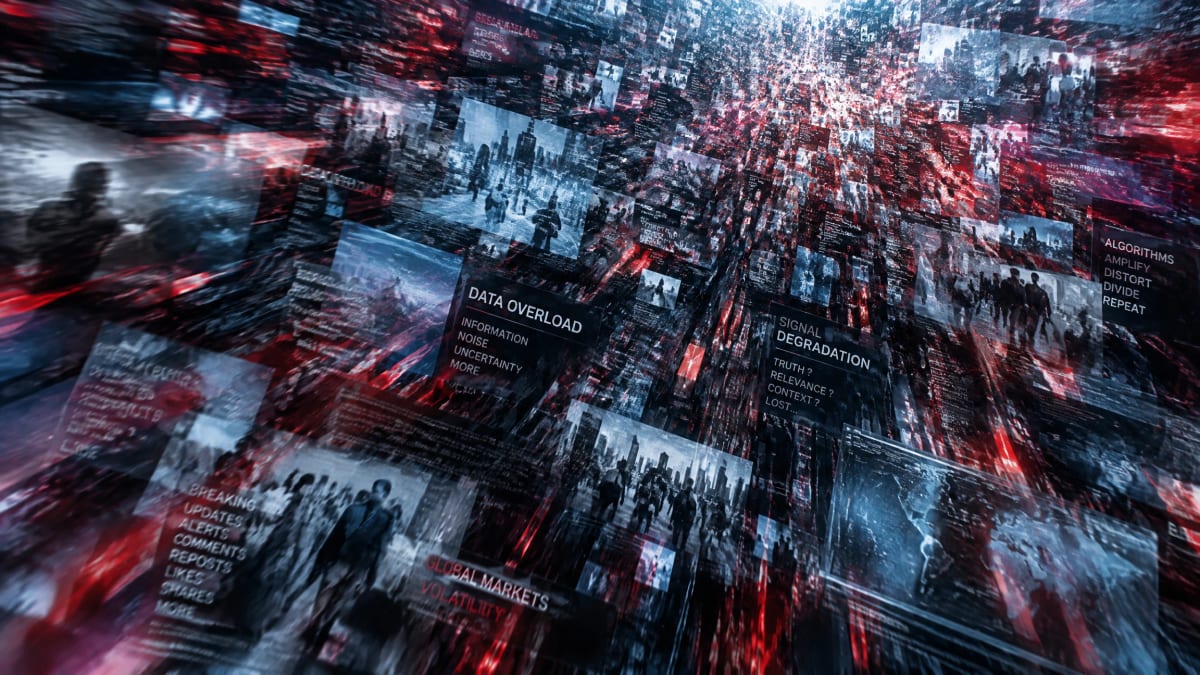 Cascading digital information streams with distorted layers, abstract blur effect, fragmented text and data overlapping at high velocity. Soft crimson and electric blue color palette with noise grain. Bird's eye view of information avalanche. Professional editorial photography style, 8k, depicting information chaos and signal degradation. Emphasize the speed and overwhelming nature of content flow over comprehension.