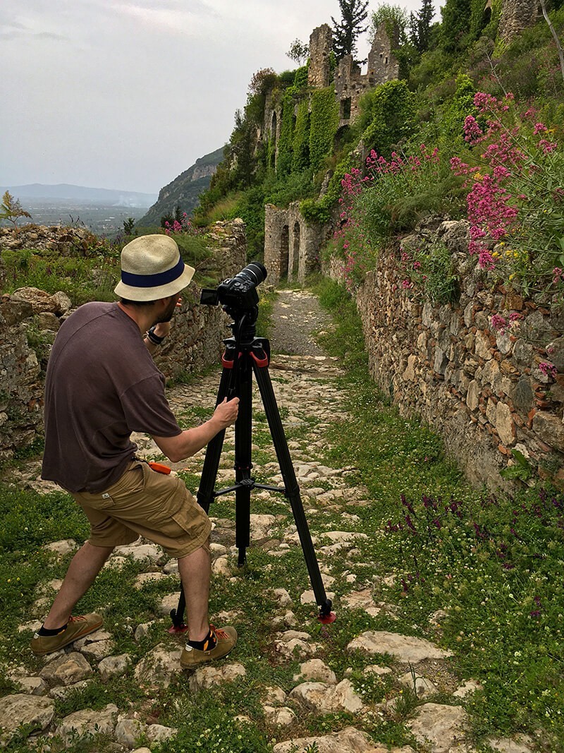 Documentary crew filming at the medieval city of Mystras