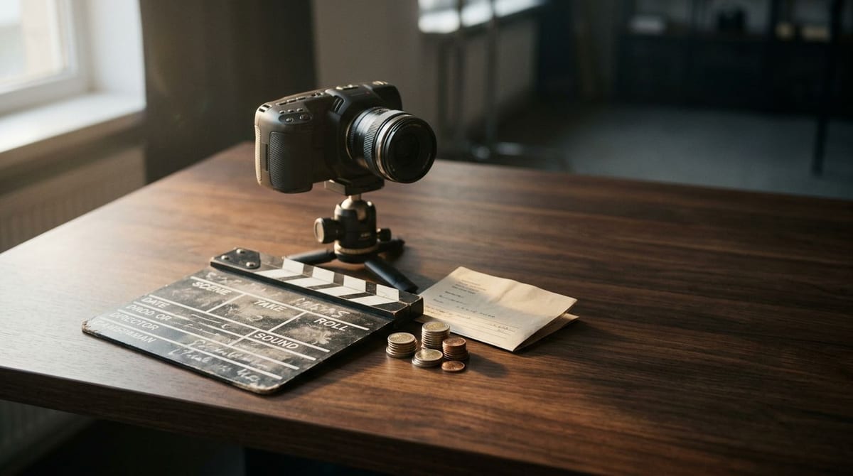 A compact cinema camera on a small tripod head beside a worn film slate and a neat stack of euro coins