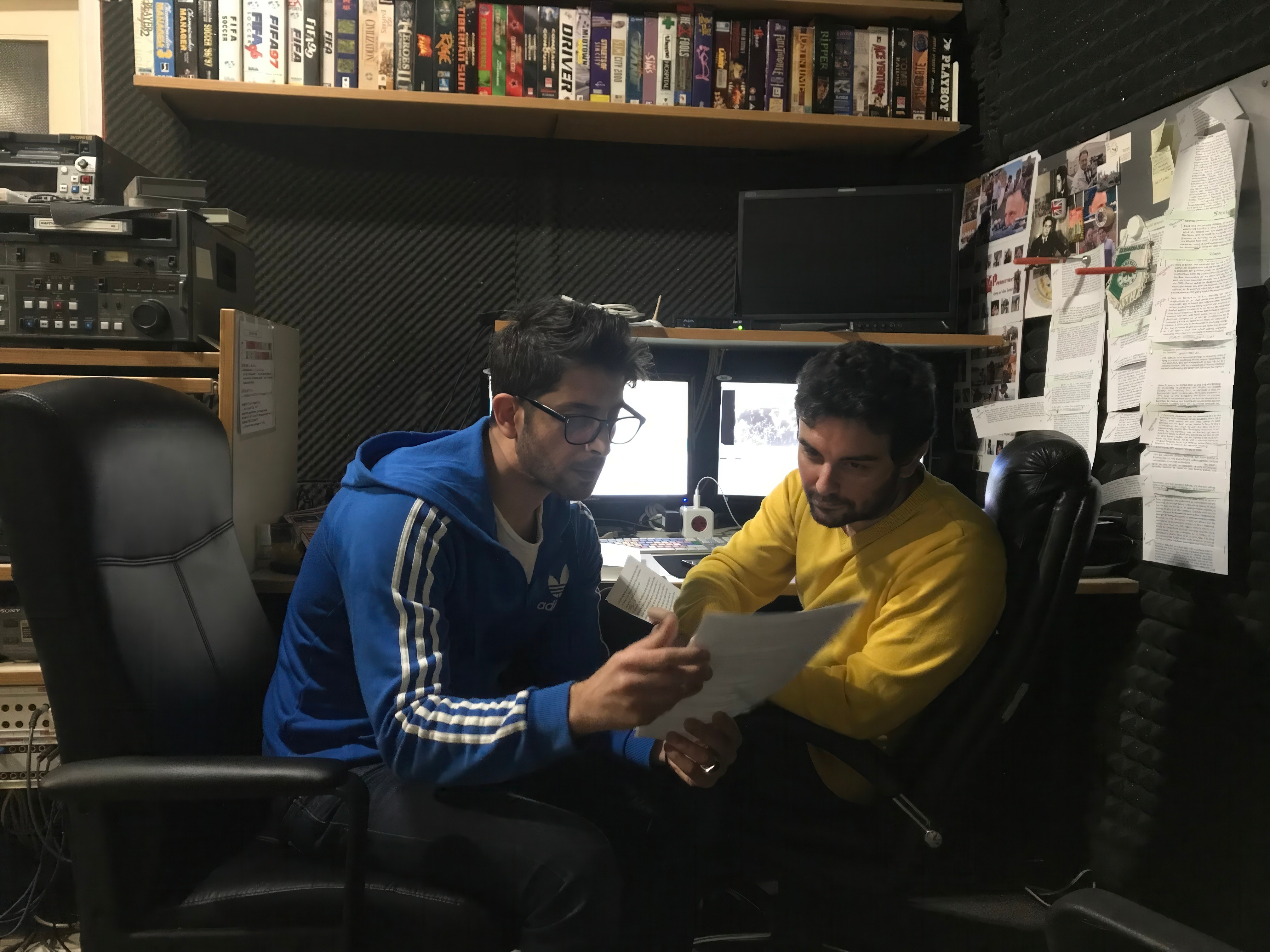 Adam Petritsis and Christos Spanos recording a voice over