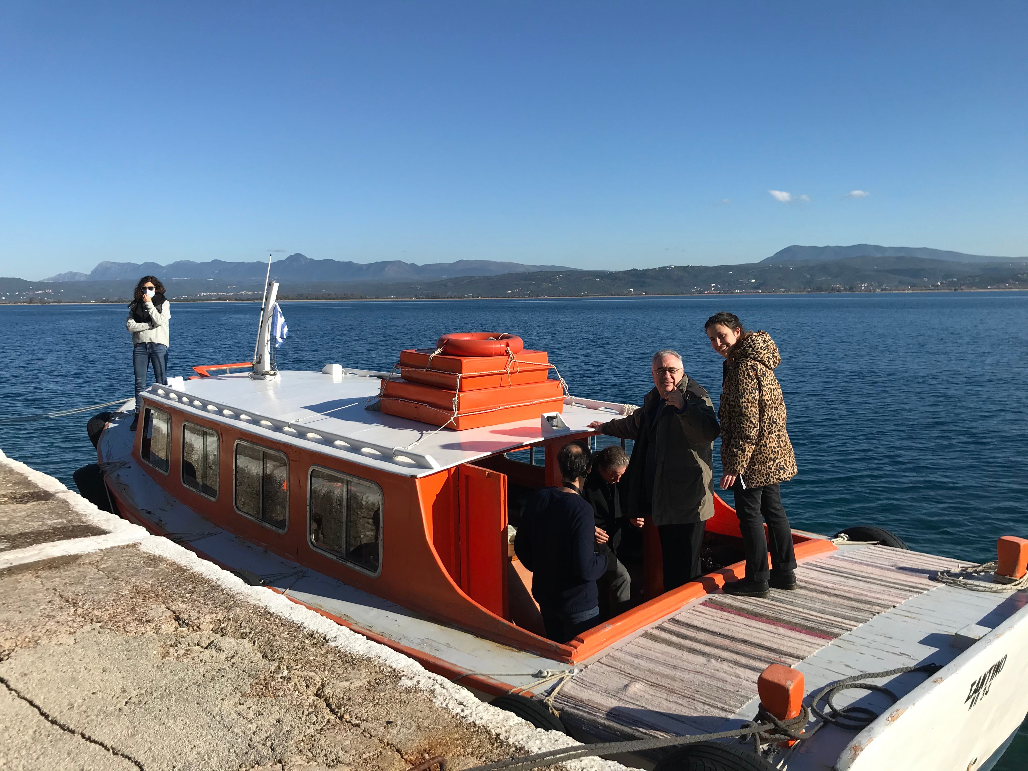 The crew is boarding a boat to reach the Sfaktiria island during the "1821" filming